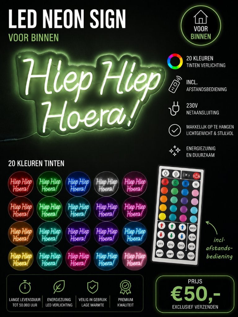 LED Neon Sign "Hiep Hiep Hoera!" - 20 Kleuren, Kunststof, LED, Meerkleurig, Overige fittingen