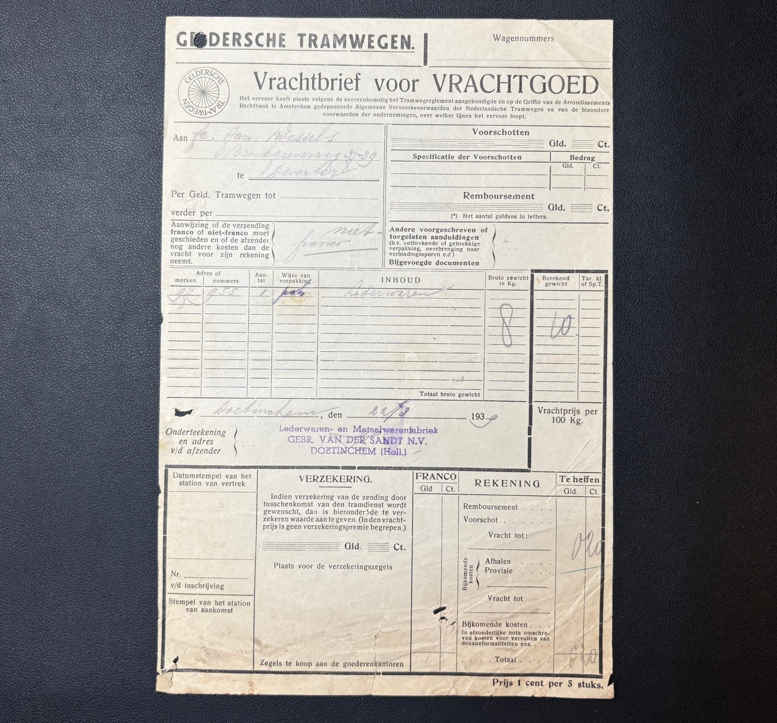Vrachtbrief Geldersche Tramwegen (goederentram) (1939), Verzamelen, Ophalen of Verzenden, Gebruikt, Tram