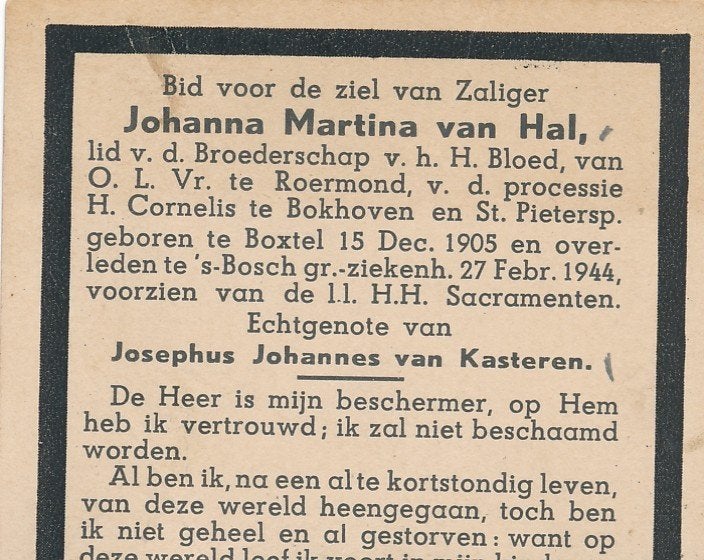 Roermond 1905-'s-Bosch 1944 Johanna M. v. Hal/ J.v. Kasteren, Ophalen of Verzenden, Bidprentje