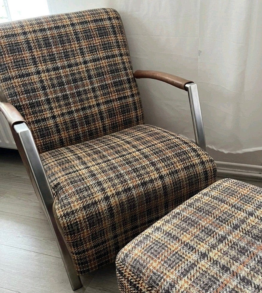 Super mooie set 2 fauteuils met hocker in retro look, Ophalen, Hout, 75 tot 100 cm, Zo goed als nieuw