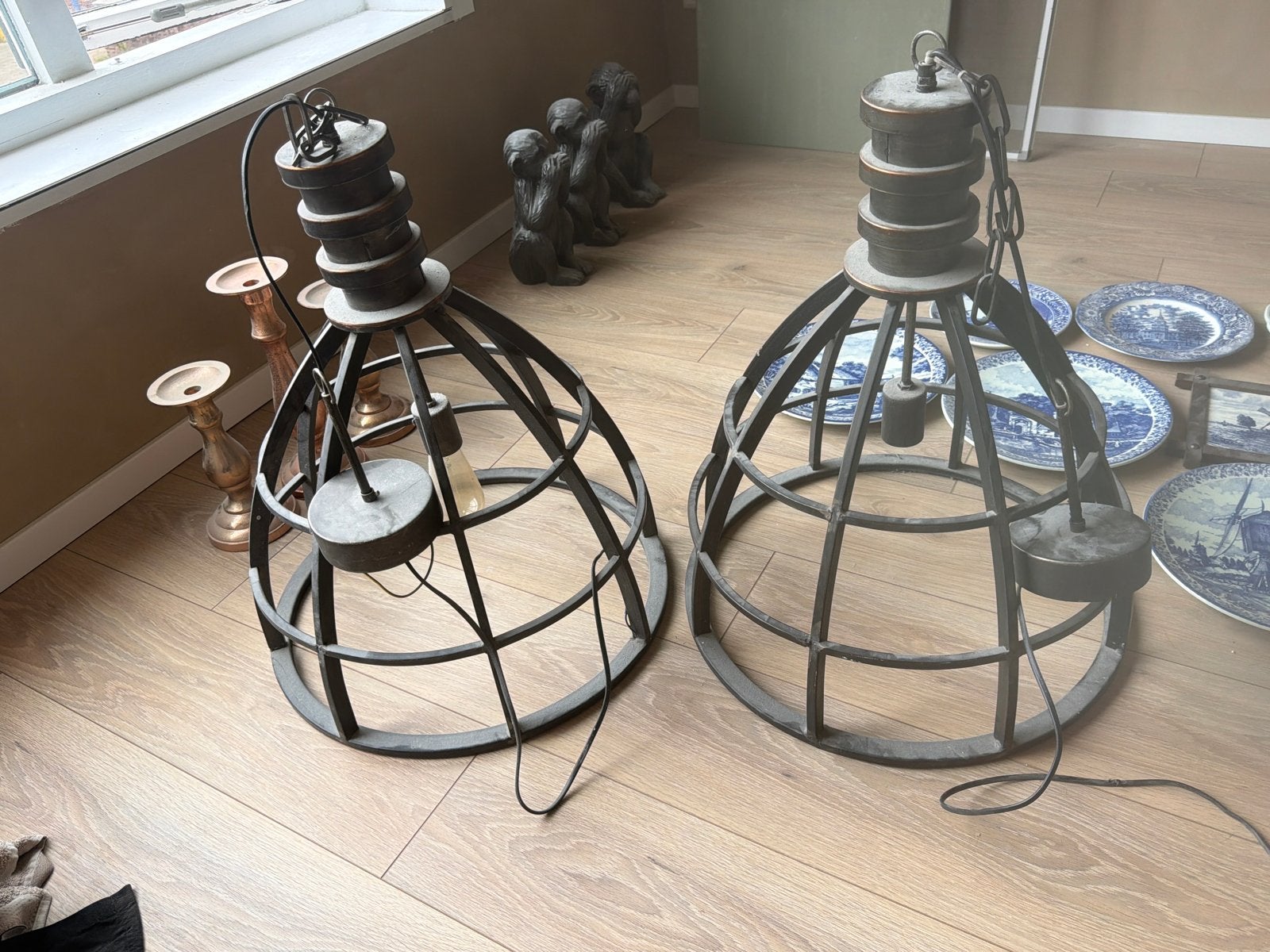 Set van 2 industriële hanglampen, metaal  ptmd pod en manden, Ophalen, Gebruikt, 50 tot 75 cm, Metaal