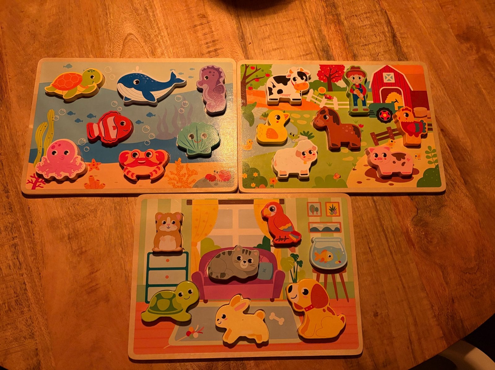 3 houten kinderpuzzels: boerderij, huisdieren, onderwater, Ophalen, 2 tot 4 jaar, Gebruikt, Van hout