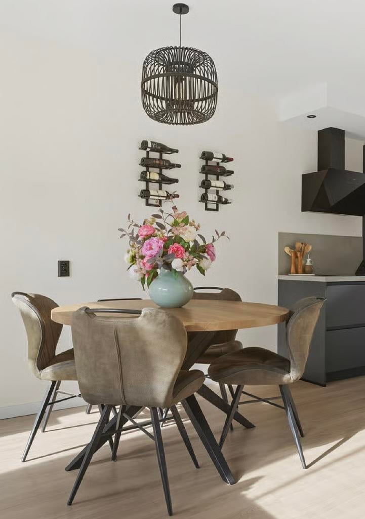 Moderne Eethoek: Ronde Tafel met 4 Donkergroene Stoelen, Ophalen, 50 tot 150 cm, Zo goed als nieuw, 10 m² of meer