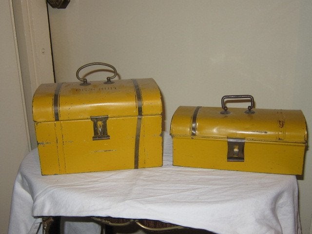 Set van 2 vintage opbergblikken geel geverfd, Ophalen of Verzenden, Gebruikt, Geel, Vintage