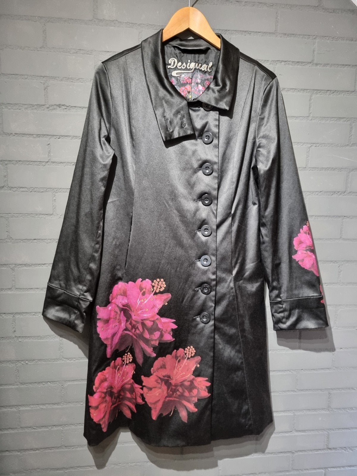 Desigual zwarte tussenjas/trenchcoat met bloemenprint, Kleding | Dames, Maat 38/40 (M), Verzenden, Zwart, Desigual
