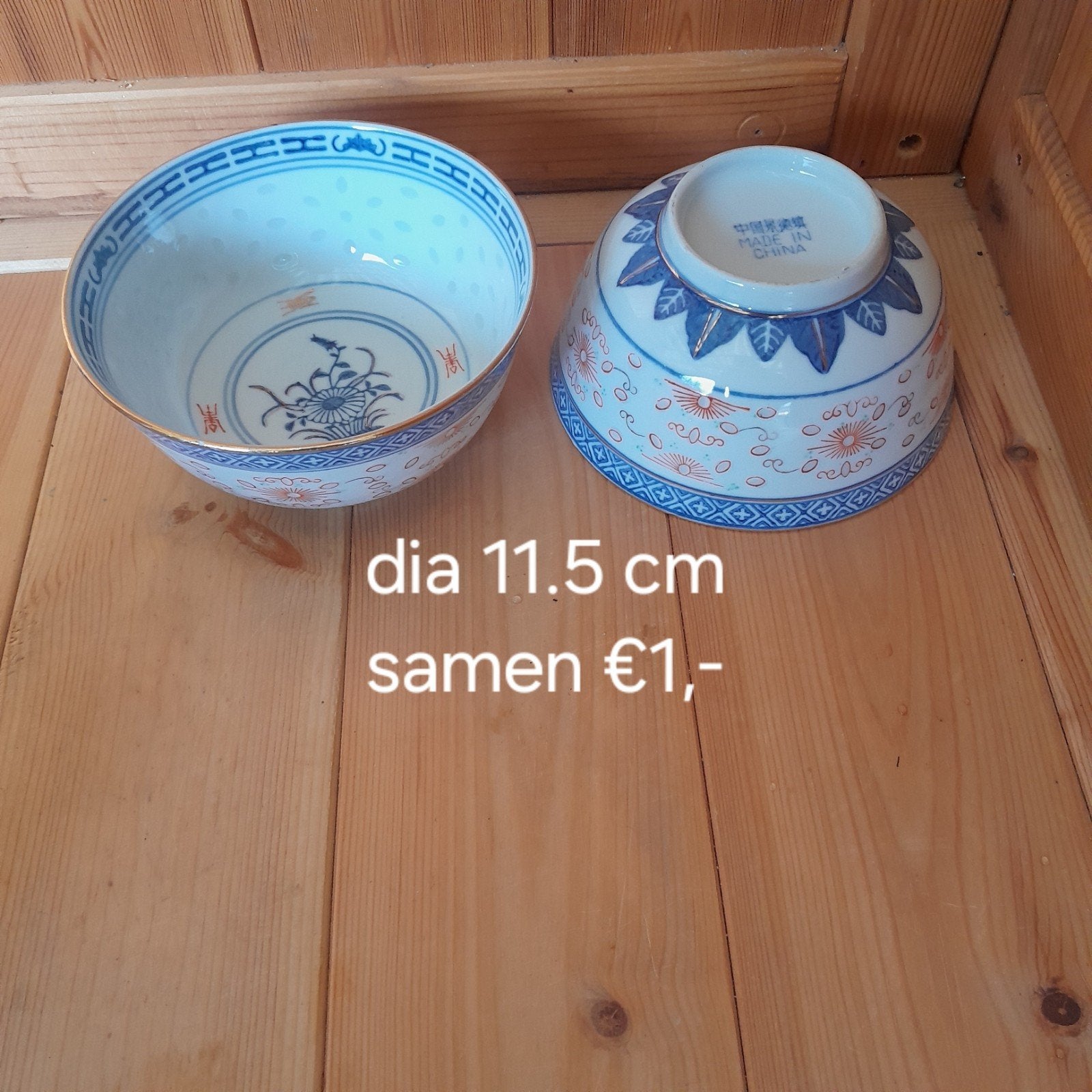 2x Vintage Chinese Rijstkommen - Made in China - Ø 11.5 cm, Ophalen of Verzenden