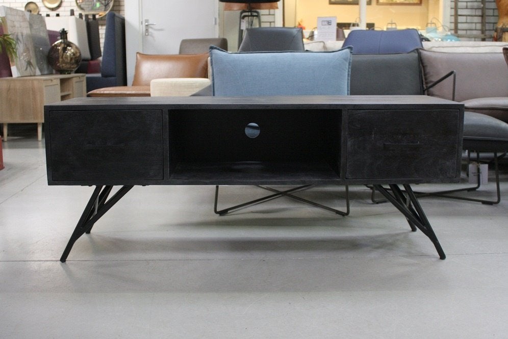 Zwart tv-meubel dressoir TOM mangohout 130 cm. met lade, 100 tot 150 cm, Nieuw, Minder dan 100 cm, 25 tot 50 cm