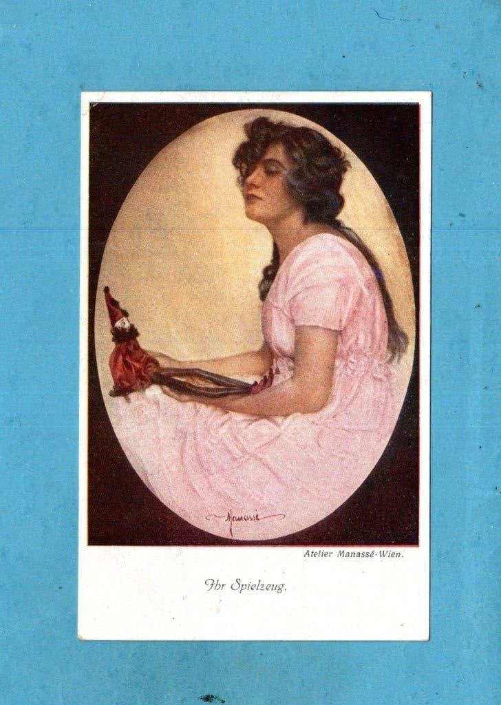 Pracht Art Deco W329 van Manassé/Wien - Dame met popje, Ophalen of Verzenden, Voor 1920, Ongelopen, Overige thema's