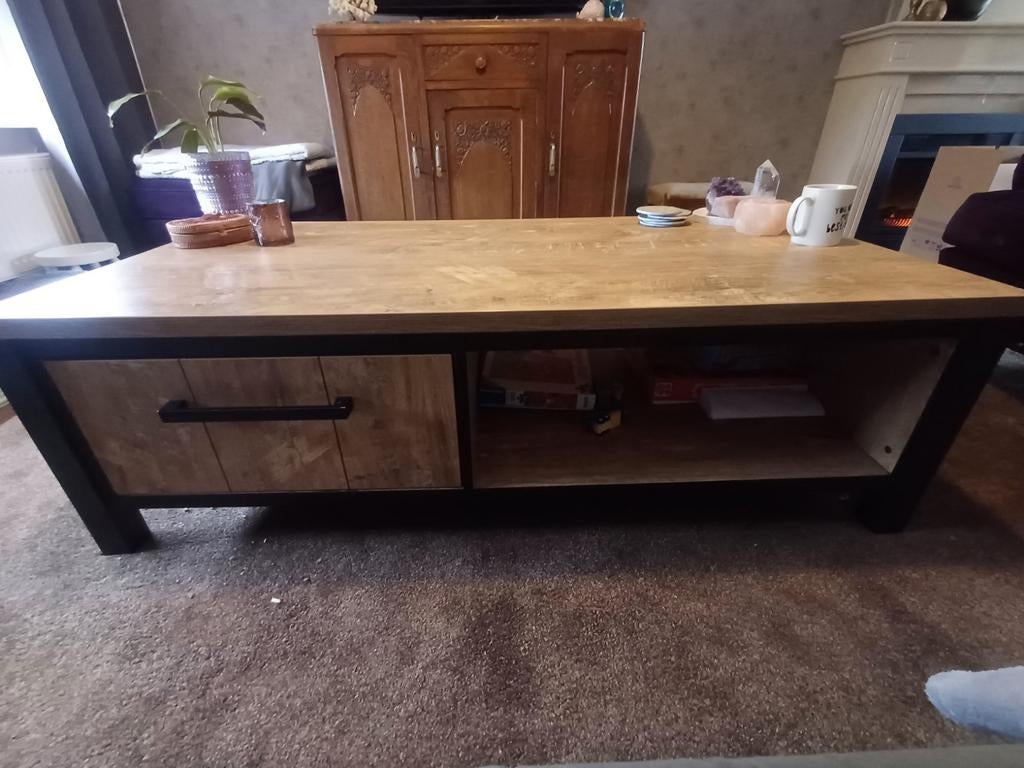 Salontafel met lade en open vak - Teakhout look, Huis en Inrichting, Tafels | Salontafels, Overige houtsoorten, Gebruikt, 100 tot 150 cm