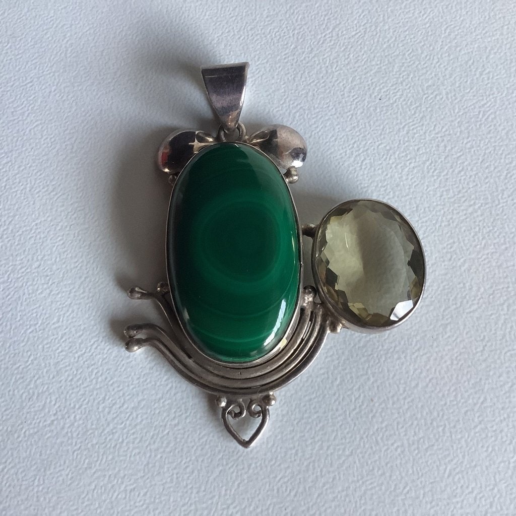 mooie zilveren art nouveau hanger met malachiet en citrien, Ophalen of Verzenden, Zilver, Hanger