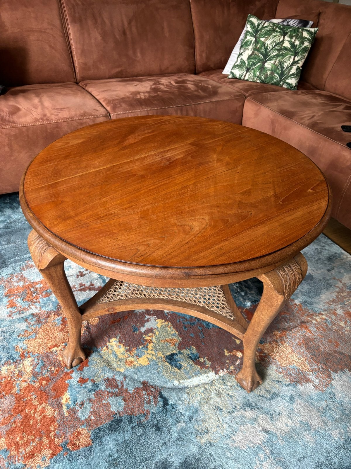 Antieke houten salontafel met rotan onderblad, Antiek en Kunst, Ophalen