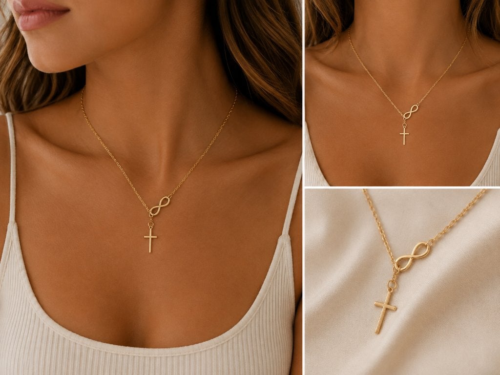 Goudkleurige Ketting met Kruisje & Infinity Detail, Ophalen of Verzenden, Nieuw, Goud, Overige materialen