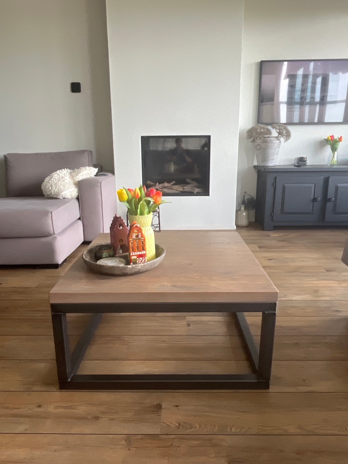 Salontafel eikenhout met metalen onderstel 80x80 cm, Gebruikt, Eikenhout, Vierkant, 50 tot 100 cm