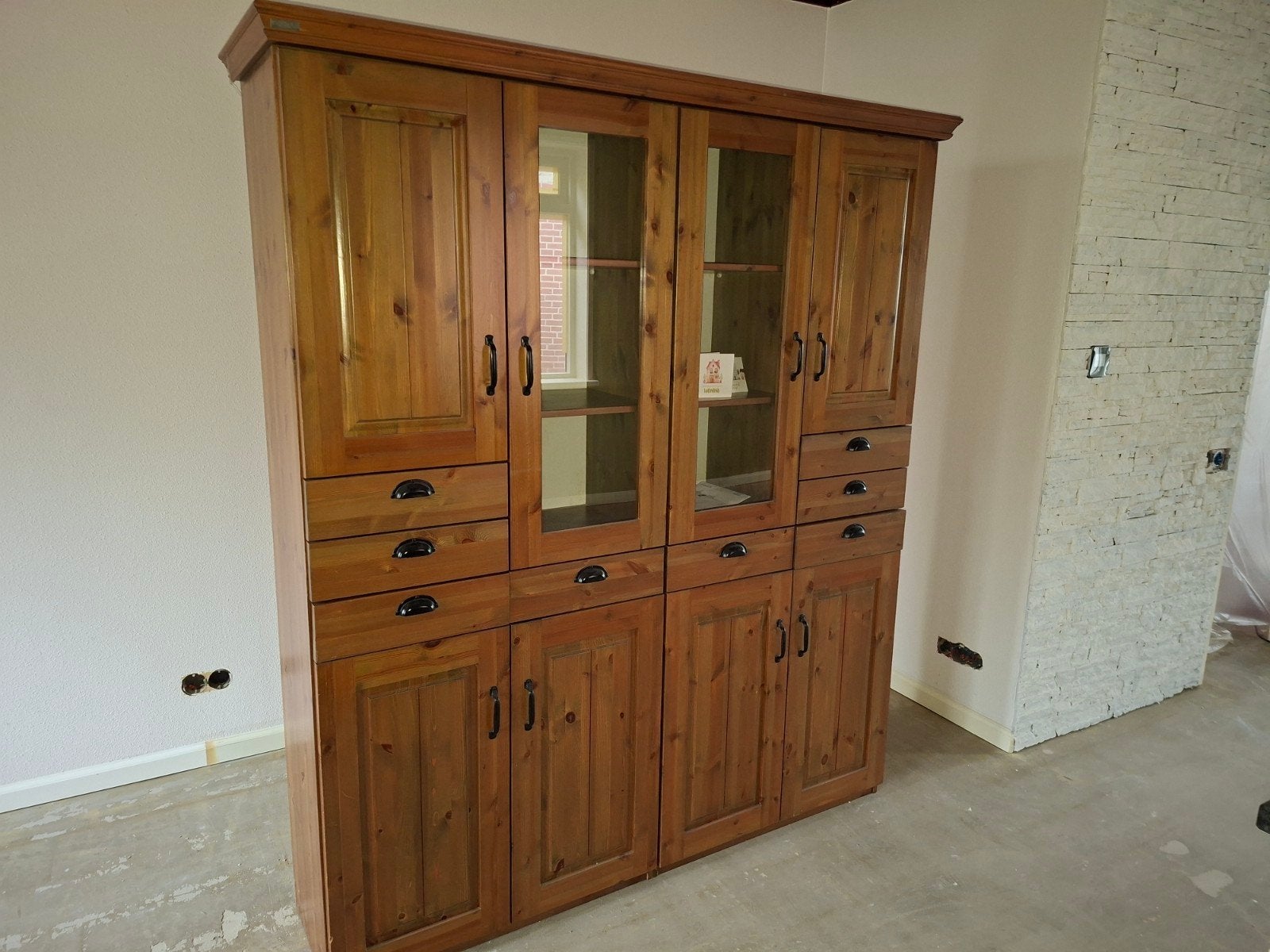 Handgemaakte Houten Kast met Glazen Deuren - 180x216x43cm, Ophalen, Gebruikt