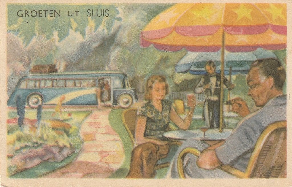 GROET UIT SLUIS AUTOBUS UIT 1955 ZEER MOOIE KAART KO151, Verzamelen, Ansichtkaarten | Themakaarten, Gelopen, 1940 tot 1960, Ophalen of Verzenden
