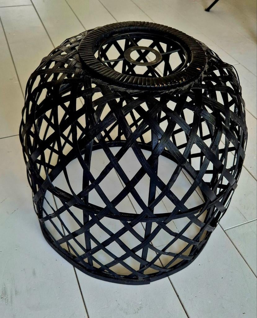 Grote zwarte rieten lampenkap, Gebruikt, Zwart, Bohemian, Natuurlijk, Modern, Rond
