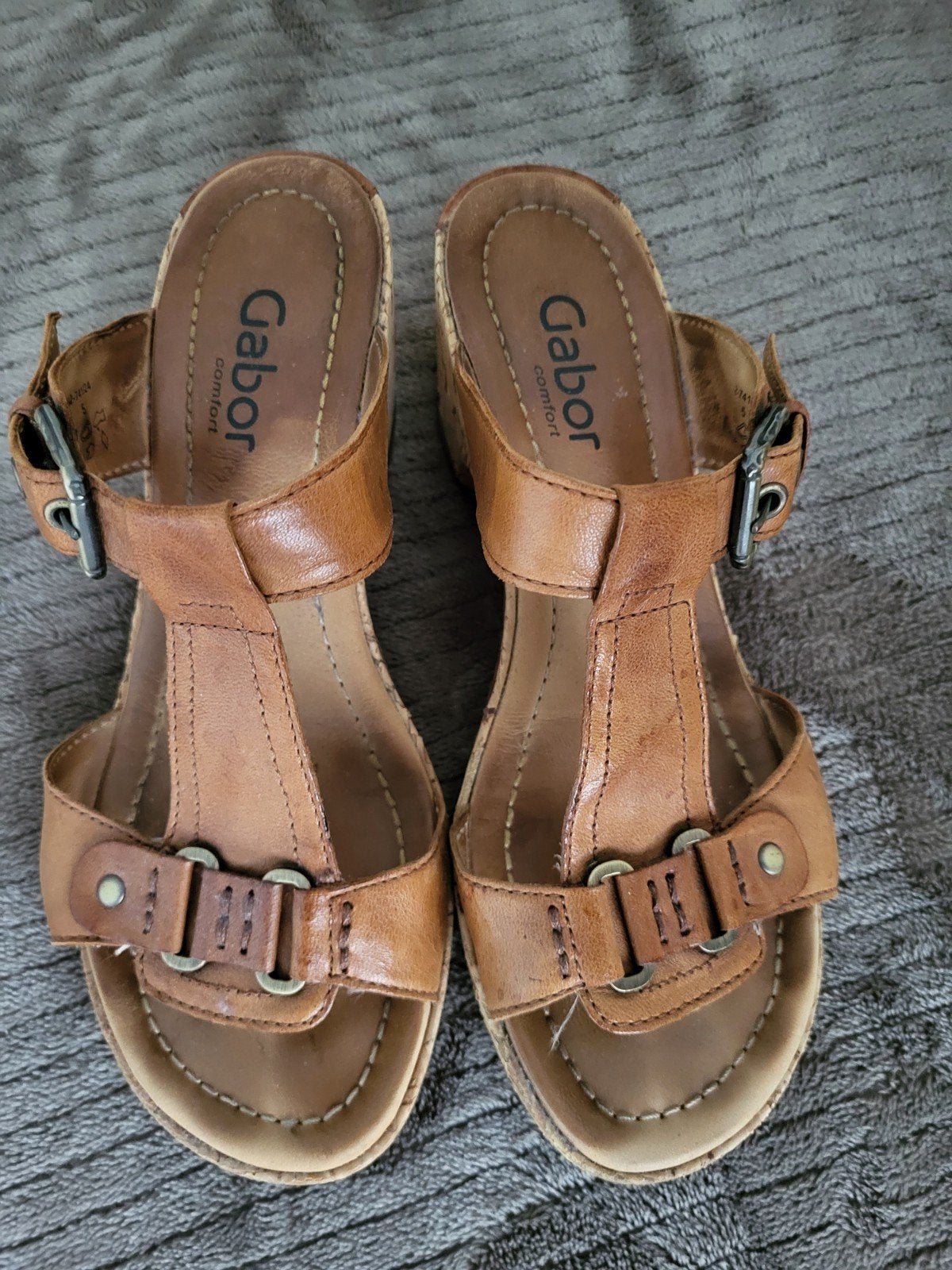 Gabor Comfort Leren Sandalen met Kurk Hak - Maat 38, Bruin, Gabor, Gedragen, Sandalen of Muiltjes