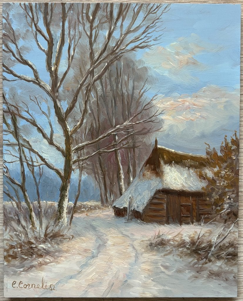 Cornelis de Wit (1949) - Winters landschap, Paneel, Ophalen of Verzenden, Landschap, Olieverf