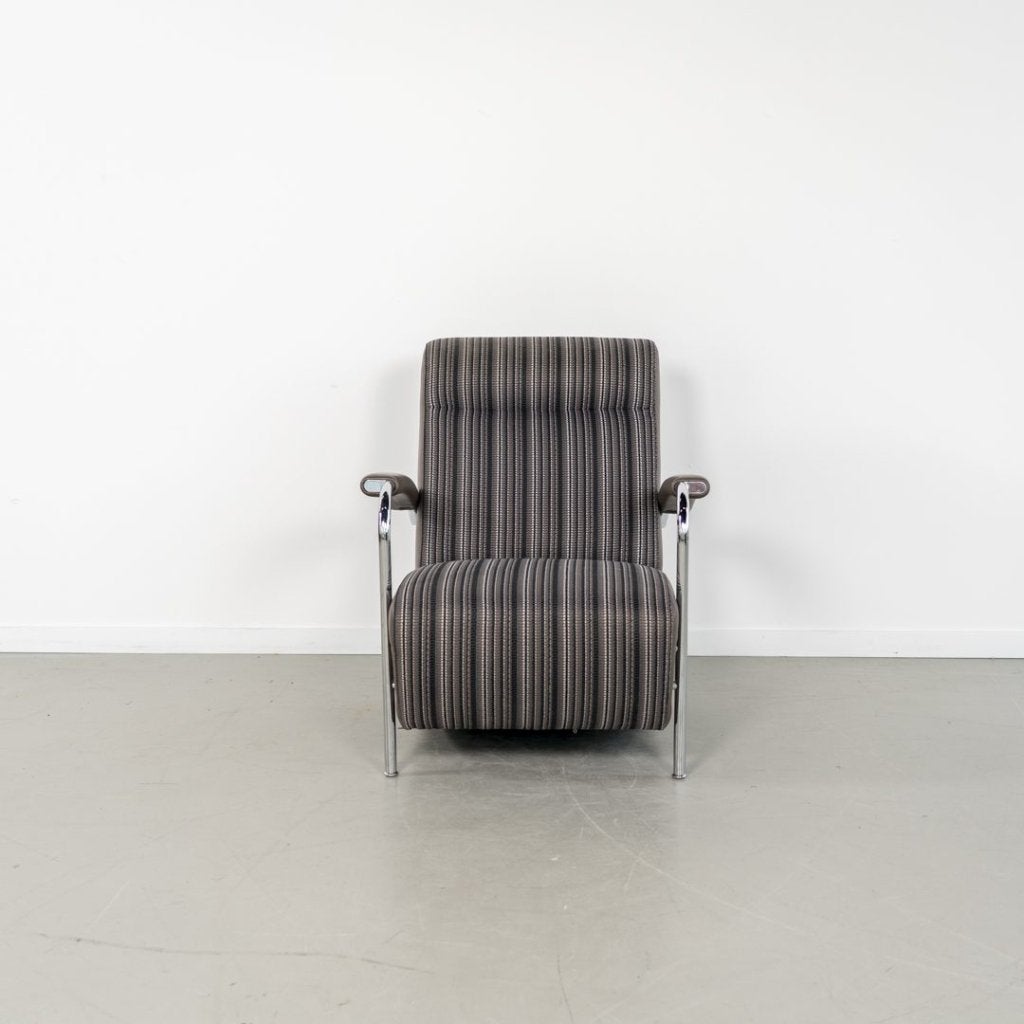 Leolux Scylla Hoog Fauteuil Gestreept Stof/Bruin Leer, Niet ingevuld, Zo goed als nieuw, Niet ingevuld, Niet ingevuld