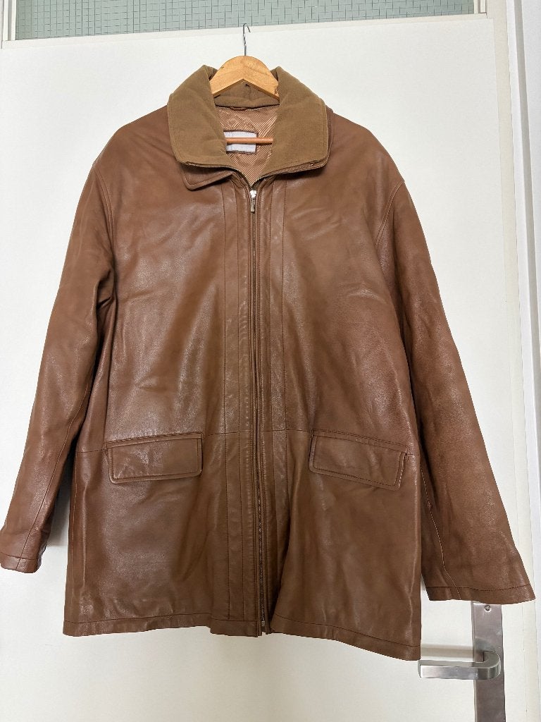 Kalfsleren herenjas, recht model XXL, Bruin, Ophalen of Verzenden, Zo goed als nieuw, Maat 56/58 (XL)