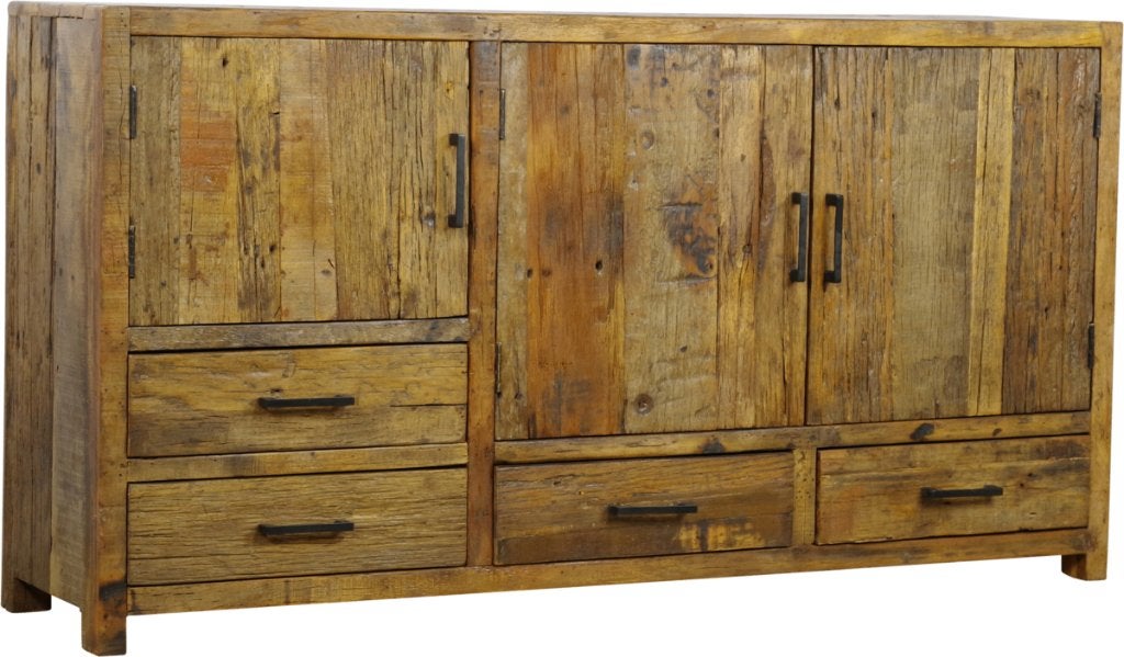 Dressoir 160 cm uniek massief oud hout 4lade 3deur voorraad, 150 tot 200 cm, Nieuw, Ophalen of Verzenden, 3 of 4 laden