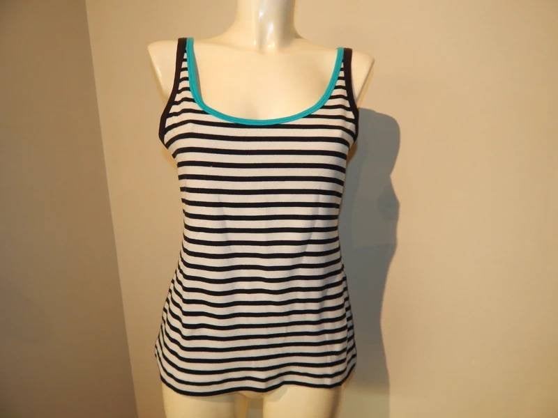 Marccain basis top zwart wit gestreept turquoise accent N6