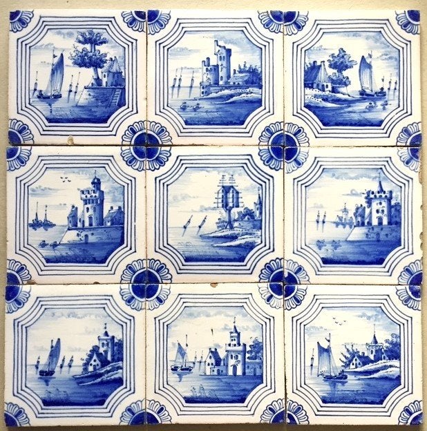Tegels Veldje Plateau Tableau Landschappen in Cartouche, Antiek en Kunst, Ophalen of Verzenden