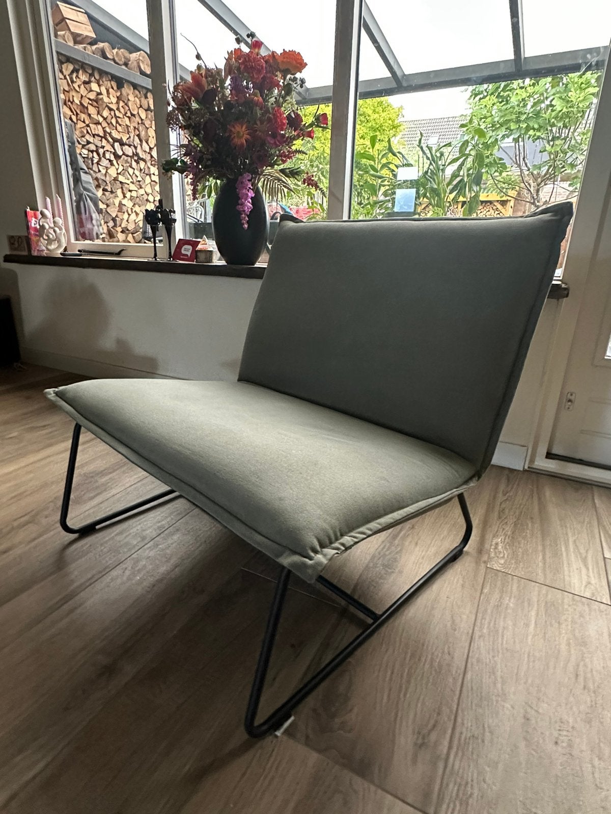 Leuke groene industriële stoel!, Huis en Inrichting, Fauteuils, Ophalen, Gebruikt, Minder dan 75 cm, 75 tot 100 cm