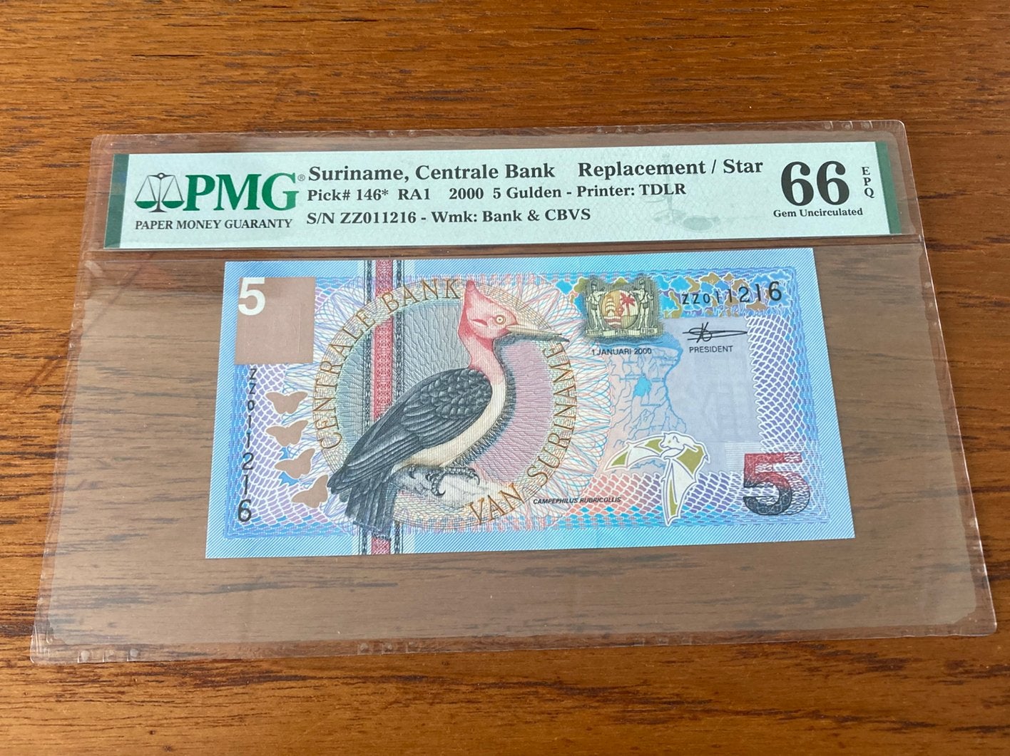 5 gulden Suriname 2000 Replacement PMG 66 EPQ UNC, Ophalen of Verzenden, 5 gulden, Los biljet
