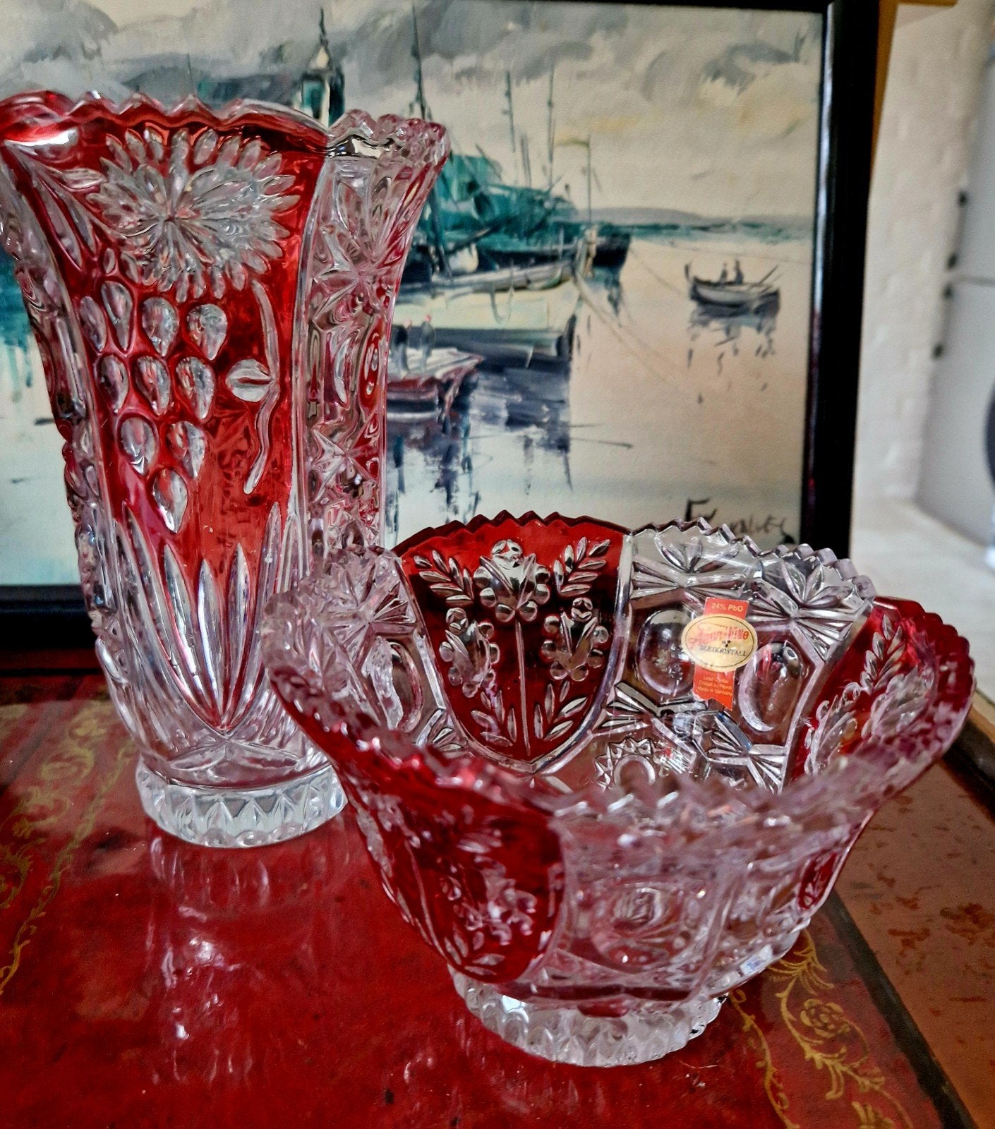 Anna Hütte Bleikristall Vaas en Schaaltje - Rood Kristal, Antiek en Kunst, Antiek | Glas en Kristal, Ophalen of Verzenden