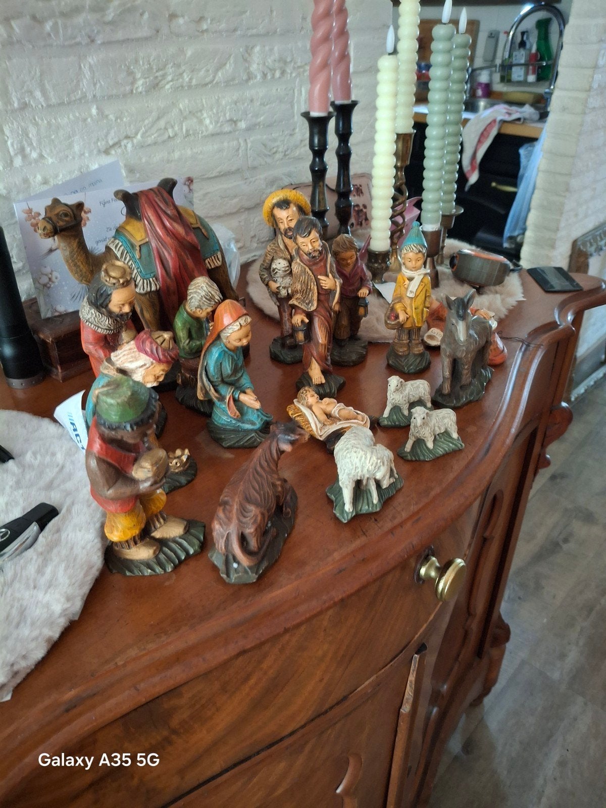 Antieke Kerststal Beeldjes Set - Handgeschilderd, Ophalen of Verzenden
