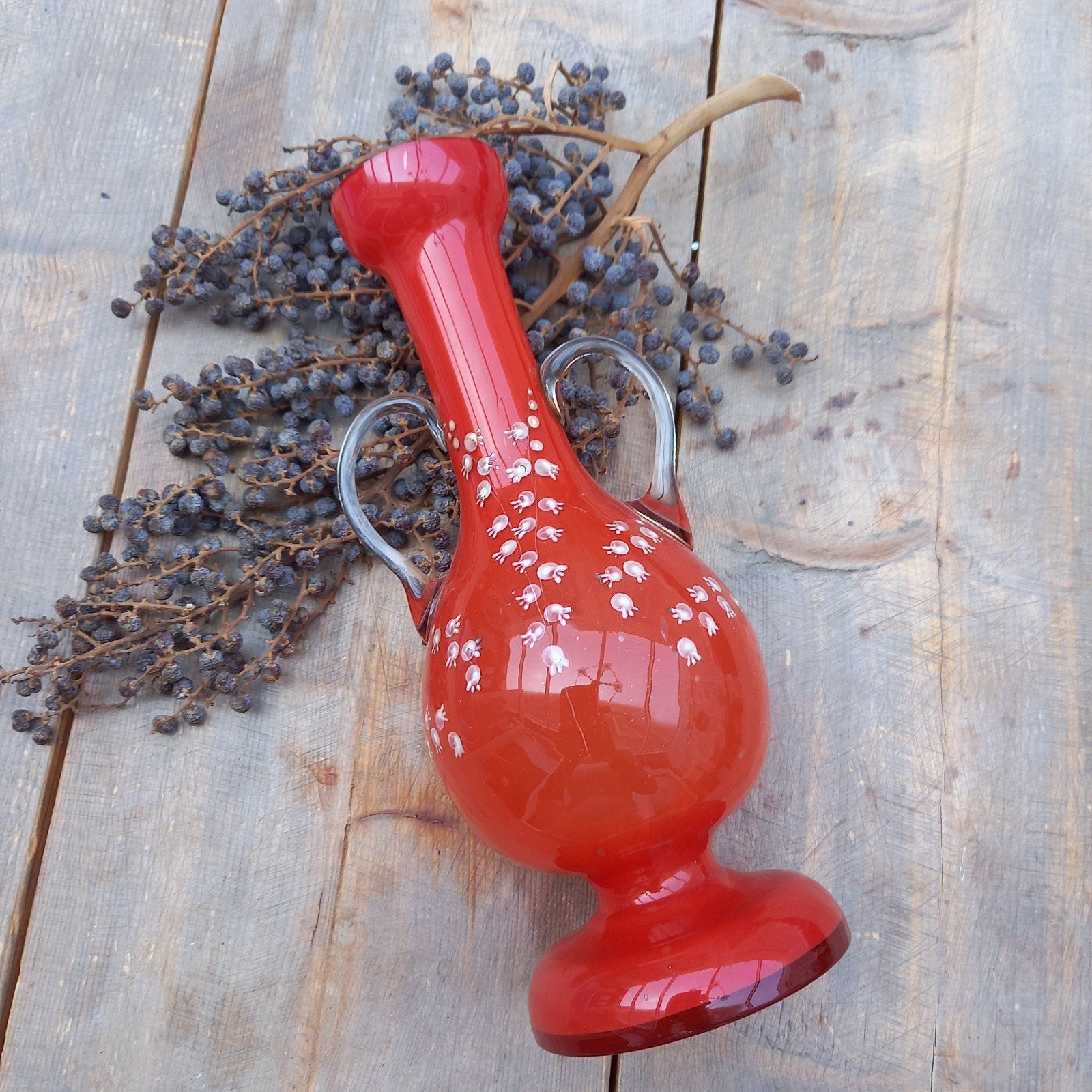Vintage Murano rode vaas met handvatten en stippen, Ophalen