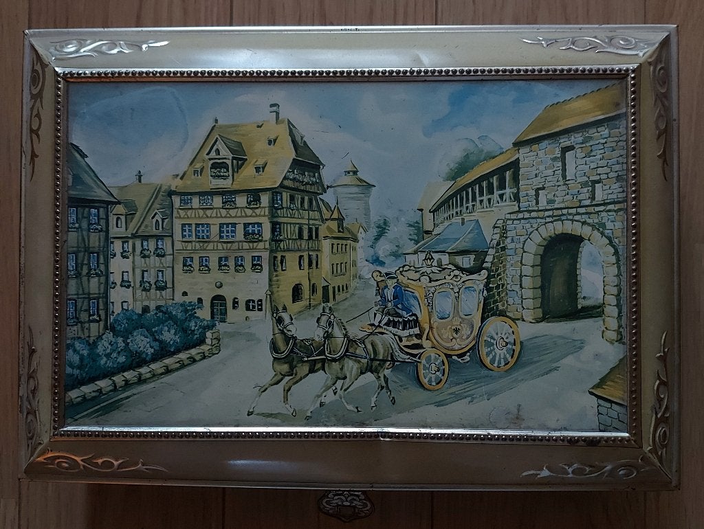 Prachtig Vintage DBF Koekblik / Koets met Paarden -1930-1960, Ophalen, Gebruikt, Koek(jes)