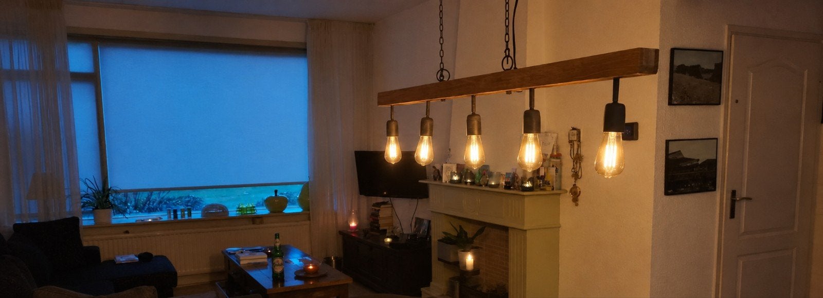 Stoere houten balklamp met 5 Edison lampen, Gebruikt, Industrieel, robuust, Hout, E27 (groot)