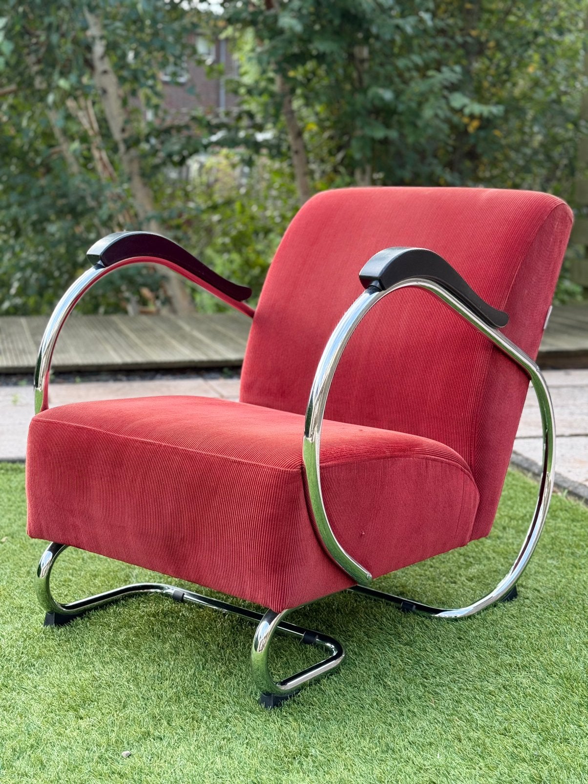 Buisframe fauteuil chrome, Dykmeyer “de Dikkert”, Ophalen, Gebruikt, 75 tot 100 cm, Stof