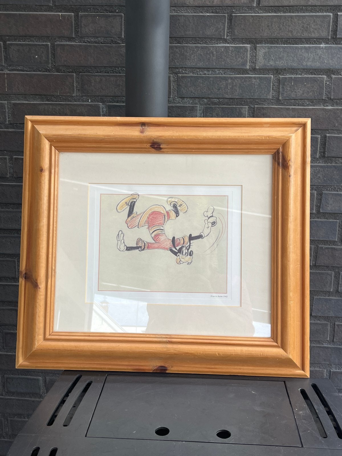 Vintage Goofy 'How to Swim 1942' ingelijste tekening, Ophalen, Tekening, Potloodtekening, Achter glas