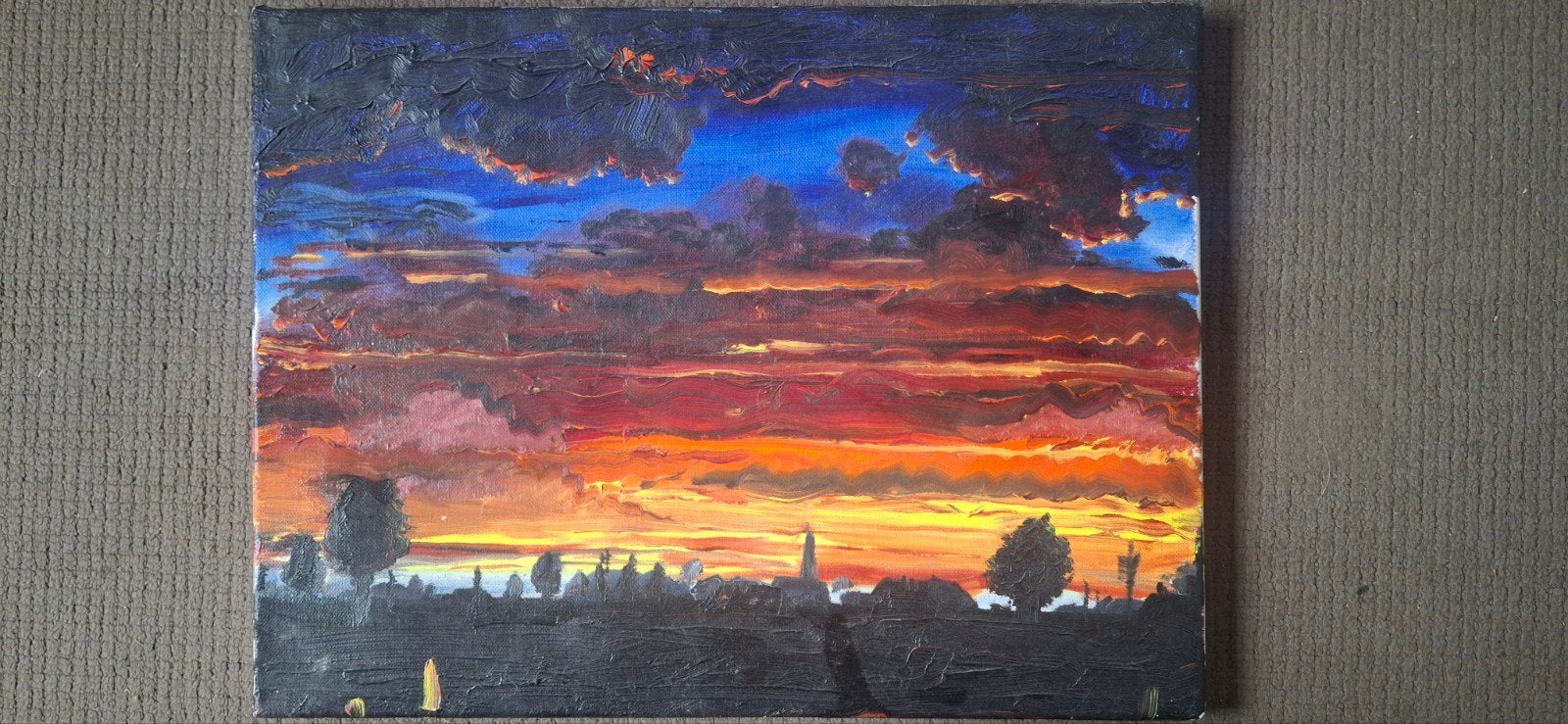 Schilderij kerkje aan horizon 40×30 cm, Antiek en Kunst, Ophalen of Verzenden, Doek