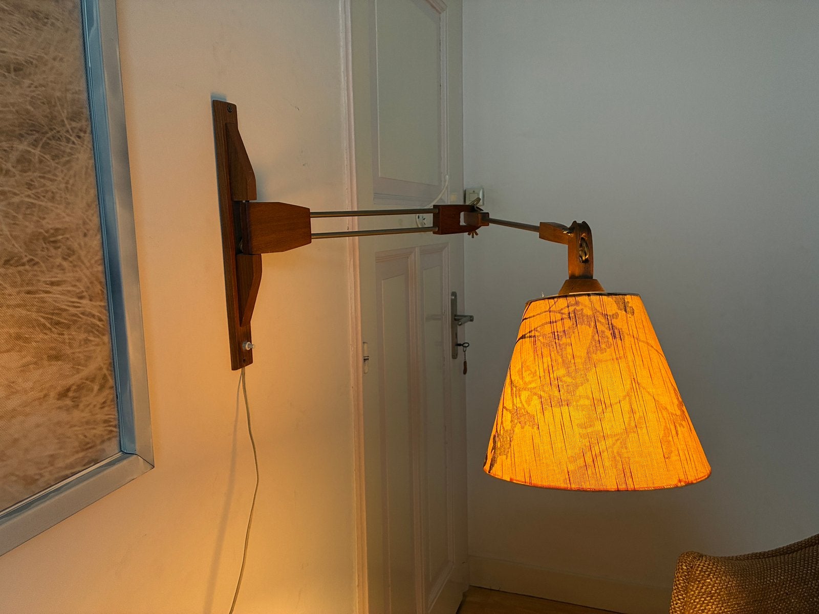 houten zwenkarm lamp met stoffen kap, Ophalen of Verzenden
