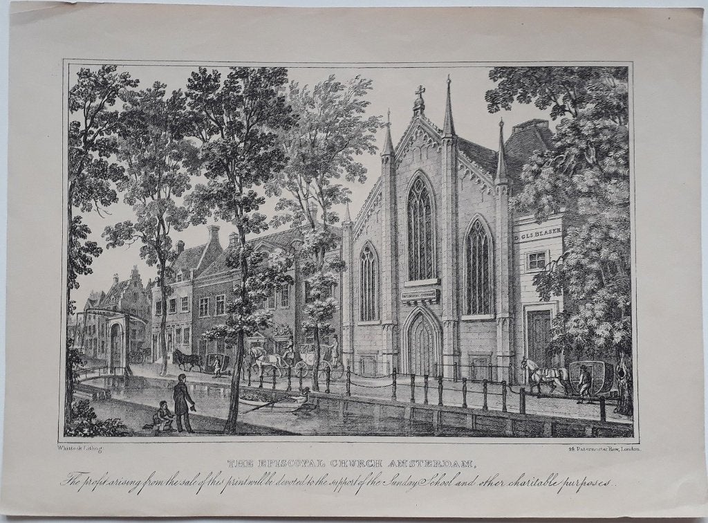 Antieke litho Episcopal Church Amsterdam, Whittock 1828, Antiek en Kunst, Ophalen of Verzenden