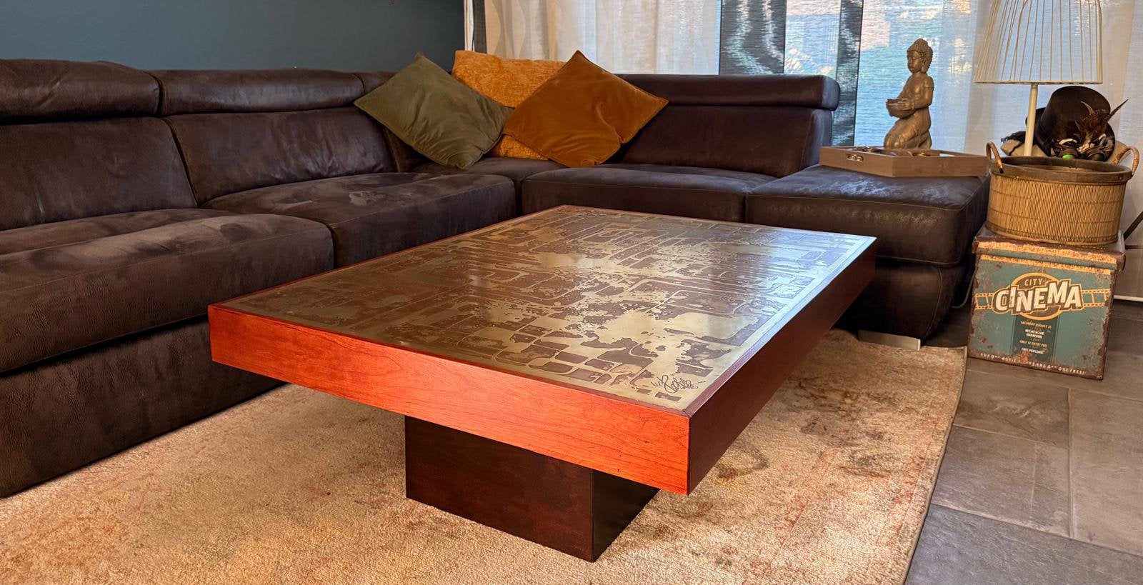 W sadeghi coffee table koper brons patina massief hout, Huis en Inrichting, Ophalen, Gebruikt, 100 tot 150 cm, Volledig professioneel gerestaureerd