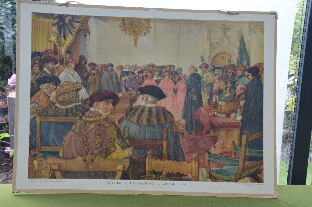 Oude schoolplaat: Luther op de Rijksdag te Worm, J.B. Wolter, Ophalen of Verzenden, Stad- en Dorpsgezichten