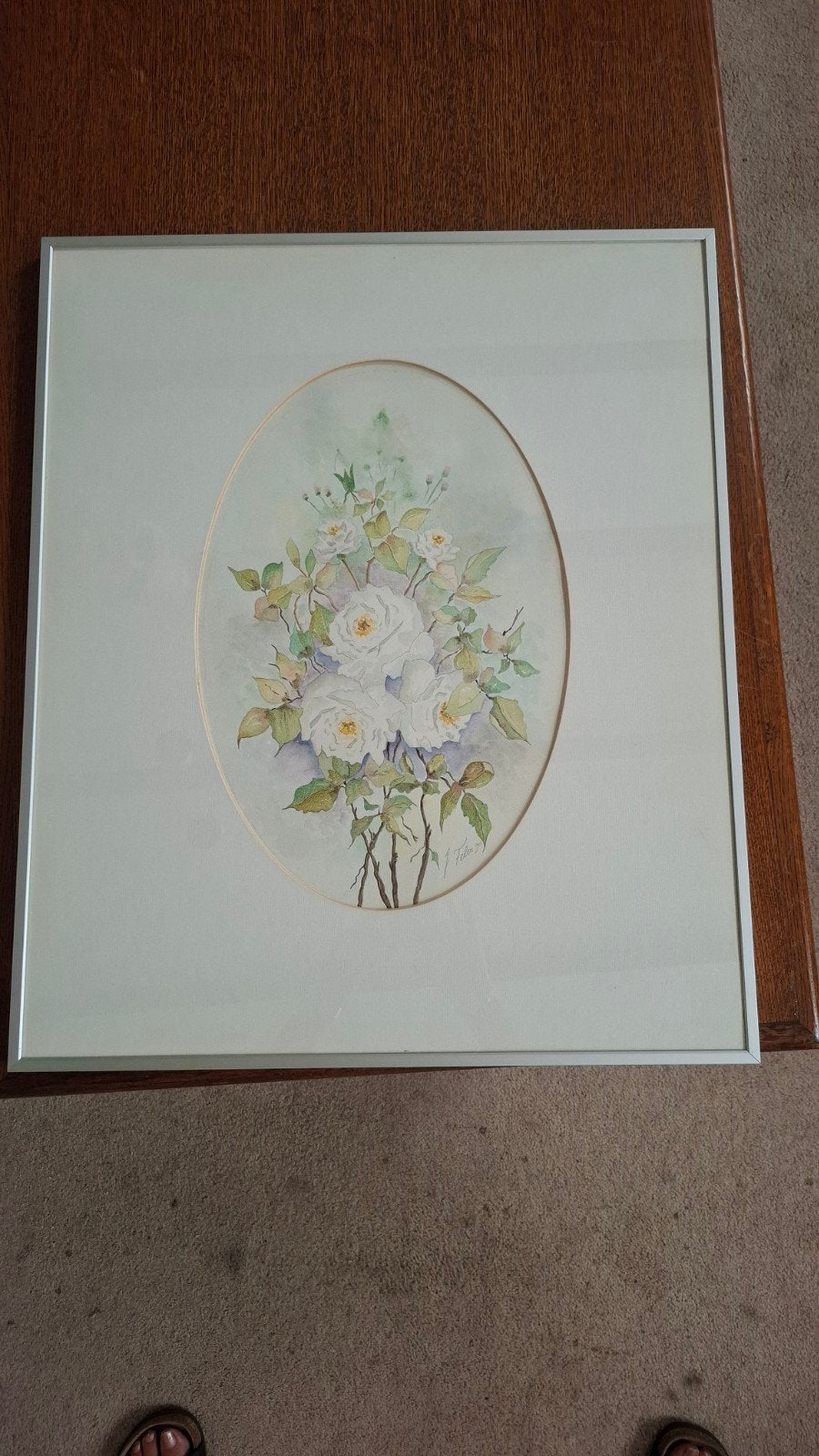 Aquarel van witte rozen in lijst, gesigneerd, Ophalen