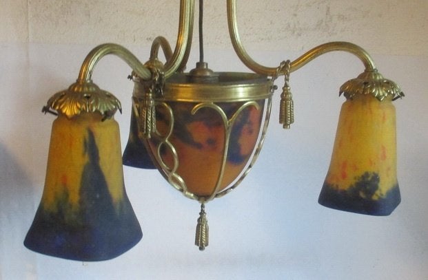 art deco bronzen luster lamp pate de verre Muller Luneville, Ophalen
