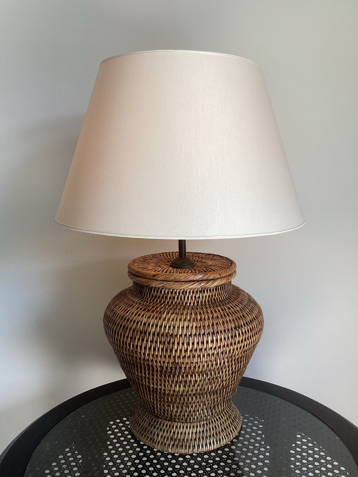 Birma Myanmar Tafellamp met Linnen Kap - E27 Fitting, Huis en Inrichting, Gebruikt, Natuurlijk materiaal, Bruin, E27 (groot)