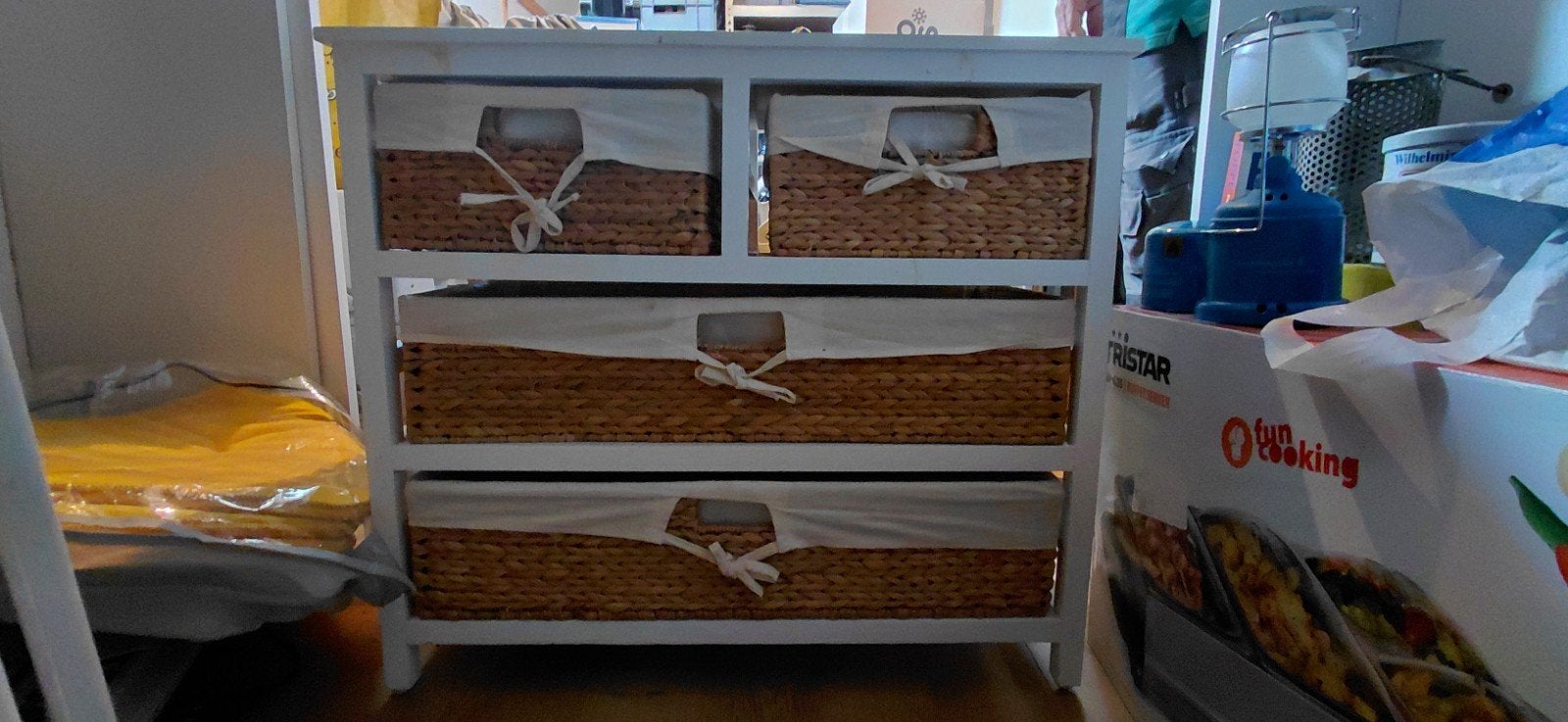 Commode met rieten manden - wit, Ophalen, Gebruikt, 100 tot 150 cm, 100 tot 150 cm