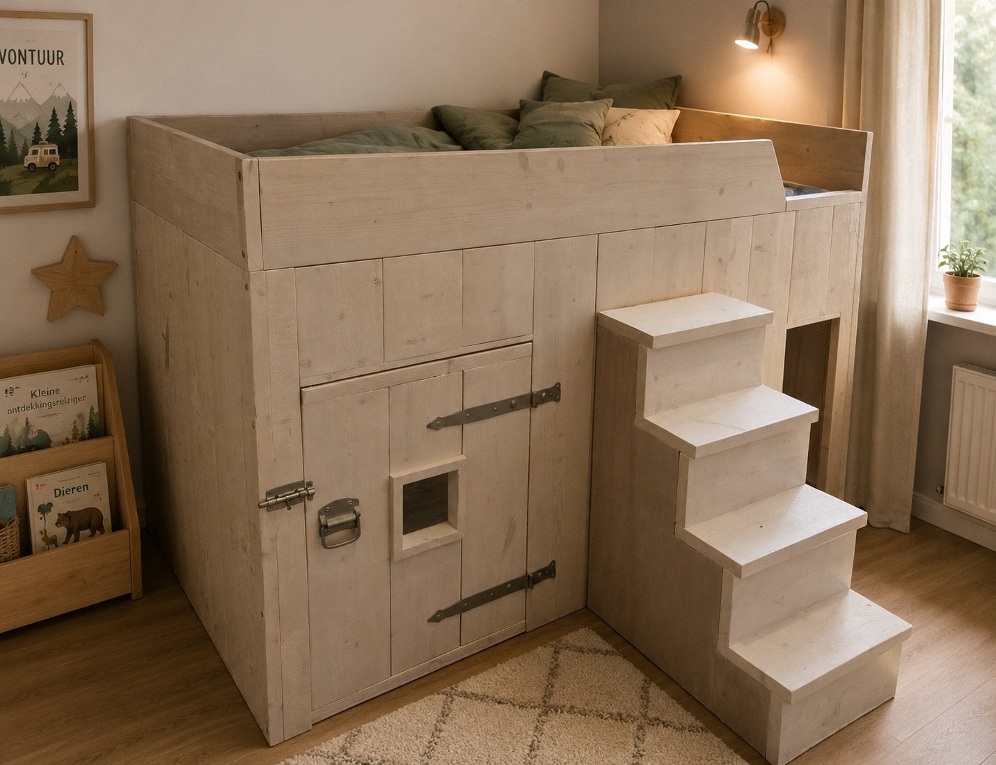 Steigerhouten hoogslaper 90x200 met trap en speelruimte, Ophalen, Gebruikt, Hoogslaper