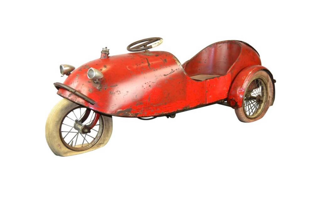 1930s Franse Metalen 3-wieler Trapauto, Ophalen