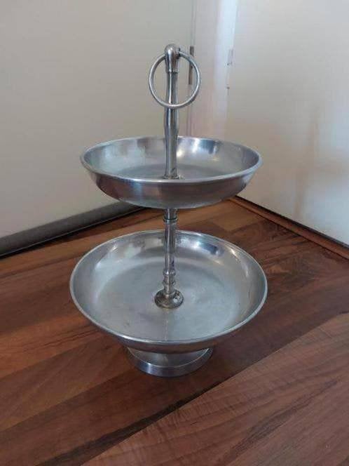 Vintage zilverclerige oude aluminium etagere, H32cm, 2etages, Antiek en Kunst, Ophalen of Verzenden
