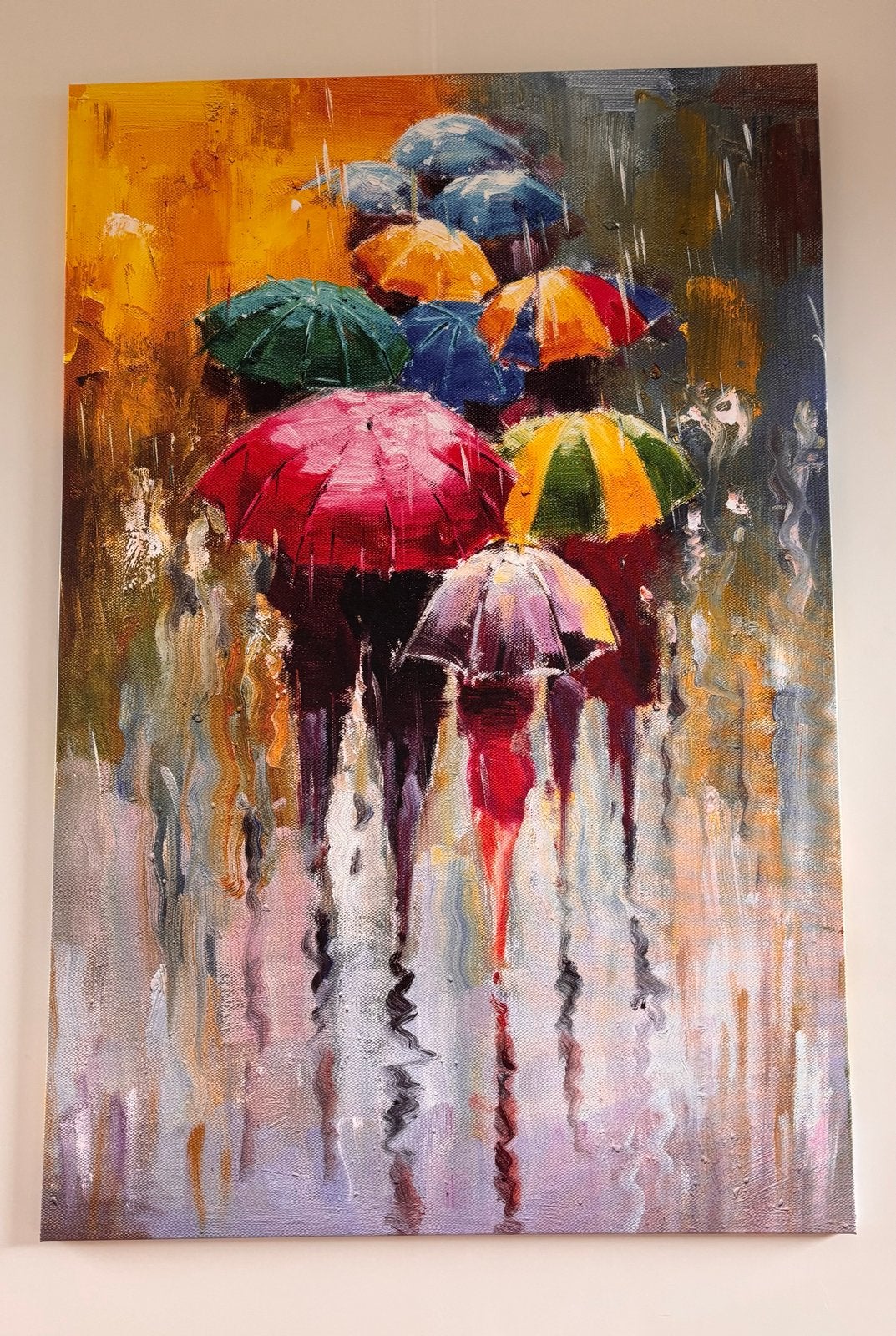Schilderij met kleurrijke paraplu's in de regen 150 x 100, Ophalen of Verzenden, Textiel, Print, Figuren