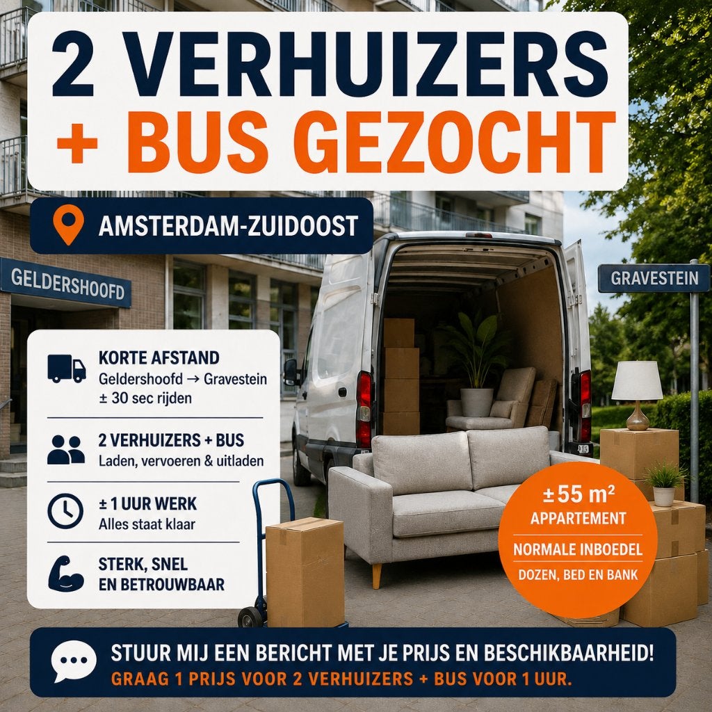 Verhuizers + bus gezocht Amsterdam Zuidoost, Ophalen of Verzenden